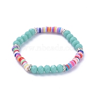 Kids Stretch Bracelets, with Polymer Clay Heishi Beads, Faceted Glass Beads and Brass Rhinestone Beads, Medium Turquoise, Inner Diameter: 1-7/8 inch(4.7cm)(BJEW-JB05194-01)