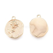 Brass Pendants, Cadmium Free & Nickel Free & Lead Free, Textured, Flat Round with Rose, Real 18K Gold Plated, 16.5x12x2mm, Hole: 1.4mm(KK-N216-585LG)