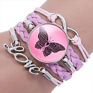 Imitation Leather Multi-strand Bracelets for Women, October Breast Cancer Pink Awareness Ribbon Alloy Glass Bracelet, Plum, 6-1/4 inch(16cm)(PW-WG41135-05)