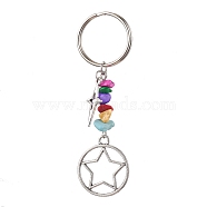 Tibetan Style Alloy Keychain, with Dyed Synthetic Turquoise Beads Strands, Iron Split Key Rings, Star with Flat Round, Flat Round, 8.2cm, Flat Round: 56x23.5x7mm(KEYC-JKC00708-02)