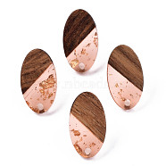 Transparent Resin & Walnut Wood Stud Earring Findings, with 304 Stainless Steel Pin and Gold Foil, Oval, Light Salmon, 20x11mm, Hole: 1.8mm, Pin: 0.7mm(MAK-N032-005A-F04)