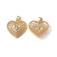 Rack Plating Brass Pendants, with Cubic Zirconia, Hollow Heart with Word fe Charm, Cadmium Free & Lead Free, Long-Lasting Plated, Real 18K Gold Plated, 19.5x20x4.5mm, Hole: 5x3.5mm(KK-D087-35G)