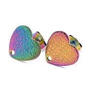 Ion Plating(IP) 304 Stainless Steel Stud Earring Findings, with Ear Nuts/Earring Backs and Hole, Textured Heart Shape with Fish Scale, Rainbow Color, 12x13x1mm, Pin: 0.8mm(EJEW-O104-08MC)