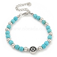 Star of David 304 Stainless Steel & Synthetic Turquoise Round Beaded Bracelets for Women, Stainless Steel Color, 7-1/8 inch(18.2cm)(BJEW-G717-06P)