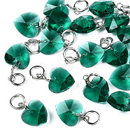 Faceted Transparent Glass Charms, with Iron Jump Ring, Heart, Green, 13~14x10x5~6mm, Hole: 4mm(GLAA-T024-04F)