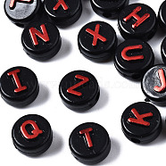 Opaque Black Acrylic Beads, Flat Round with Random Letters, FireBrick, 9.5x6mm, Hole: 2mm, about 1550pcs/500g(MACR-Q242-009D)