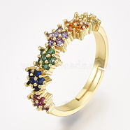 Adjustable Brass Micro Pave Cubic Zirconia Finger Rings, Flower, Colorful, Size 7, 17mm(RJEW-S044-027)