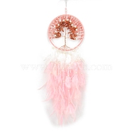 Natural Carnelian & Synthetic Cherry Quartz Glass Tree of Life Hanging Ornaments, Woven Web/Net with Feather Pendant Decorations, 600x160mm(PW-WG38540-05)