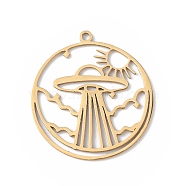 304 Stainless Steel Pendants, Hollow, Flat Round with UFO Charm, Golden, 27x24.5x0.9mm, Hole: 1.4mm(STAS-K250-06G)
