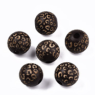 Painted Natural Wood Beads, Macrame Beads Large Hole, Laser Engraved Pattern, Round with Leopard Print, Coconut Brown, 15~16x15mm, Hole: 4mm(WOOD-T021-53B-02)