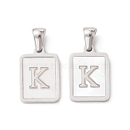 304 Stainless Steel Pave Shell Pendants, Rectangle Charm, Stainless Steel Color, Letter K, 17.5x12x1.5mm, Hole: 3x5mm(STAS-G327-01P-K)