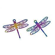 Ion Plating(IP) 201 Stainless Steel Filigree Pendants, Etched Metal Embellishments, Dragonfly, Rainbow Color, 29x34.5x0.2mm, Hole: 1.8mm(STAS-S118-016)