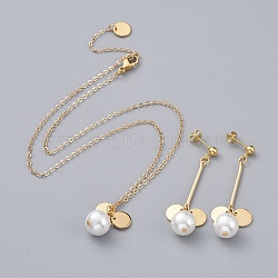 Jewelry Sets, Brass Chain Necklaces & 304 Stainless Steel Stud Earrings, with Glass Pearl Beads, Brass Charms and 304 Stainless Steel Findings, Real 18K Gold Plated, 15.5 inch(39.5cm), 50mm, Pin: 0.8mm(SJEW-JS01044)