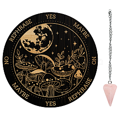 AHADEMAKER 1Pc Wood Pendulum Board, 1Pc 304 Stainless Steel Cable Chain Necklaces, 1Pc Natural Rose Quartz Stone Pendants, for Witchcraft Wiccan Altar Supplies, Mushroom Pattern, Board: 200x4mm(DIY-GA0005-08D)