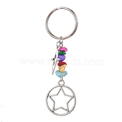 Tibetan Style Alloy Keychain, with Dyed Synthetic Turquoise Beads Strands, Iron Split Key Rings, Star with Flat Round, Flat Round, 8.2cm, Flat Round: 56x23.5x7mm(KEYC-JKC00708-02)