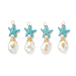 Dyed Synthetic Turquoise & ABS Plastic Imitation Pearl Pendants, Starfish with Oval Charms, with Brass Findings, Mixed Shapes, Golden, 37x14x7mm, Hole: 3mm(PALLOY-JF04856)