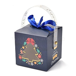 Christmas Folding Gift Boxes, with Transparent Window and Ribbon, Gift Wrapping Bags, for Presents Candies Cookies, Christmas Tree Pattern, 9x9x15cm(CON-M007-01C)