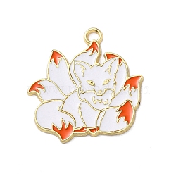 Alloy Enamel Pendants, Golden, Nine-tailed Fox Charm, Orange Red, 28x27x1.2mm, Hole: 1.5mm(ENAM-I059-A-04)