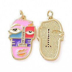 Brass Micro Pave Clear Cubic Zirconia Pendants, Real 18K Gold Plated, with Enamel and Jump Ring, Abstract Face Charms, Pink, 26x15x2mm, Jump Ring: 5x0.8mm, Inner Diameter: 3.2mm(KK-E068-VF020)