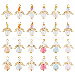 30Pcs 2 Style Transparent Acrylic Pendants, with Alloy Wing Beads & ABS Plastic Imitation Pearl Round Beads, Angel, Golden, 25~28mm, 15pcs/style(PALLOY-SC0004-06)