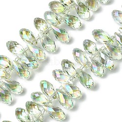 Transparent Electroplate Glass Beads Strands, Half Rainbow Plated, Faceted, Teardrop, Pale Green, 13.5x6.5mm, Hole: 1mm, about 98~99pcs/strand, 18.11 inch(46cm)(GLAA-K064-07A-HR02)