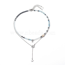 2Pcs 2 Style 304 Stainless Steel Shell & Star Charms Lariat Necklaces Set with Natural Pearl, Opalite & Natural Aquamarine & Synthetic Hematite Beaded Necklaces for Women, Stainless Steel Color, 15.59~19.06  inch(39.6~48.4cm), 1Pc/style(NJEW-JN03978)