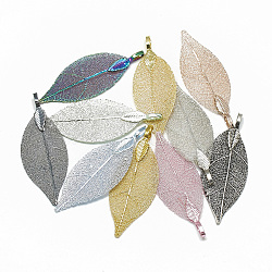 Iron Big Pendants, Electroplate Natural Leaf, Leaf, Mixed Color, 52~53x19~20x1.5mm, Hole: 3x5.5mm(X-IFIN-T006-08-M)
