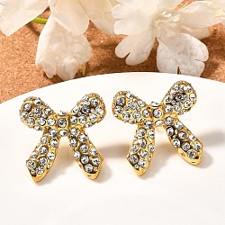 304 Stainless Steel Bowknot Stud Earrings, with Rhinestone, Crystal, 29~30x29~30mm(EJEW-A123-02B-G)