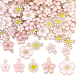 100Pcs 5 Styles Alloy Enamel Pendants, Flower Charms, Light Gold, Pink, 12.5~20.5x10~17.5x1.5~2mm, Hole: 1.2~2mm, 20pcs/style (ENAM-BM0001-06)