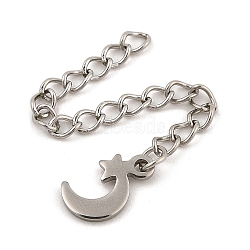 304 Stainless Steel Chain Extender, Curb Chain, with 202 Stainless Steel Charms, Moon with Star, Platinum, 62mm, Link: 3.7x3x0.5mm; Moon with Star: 11x6.8x1mm(STAS-F268-28P)