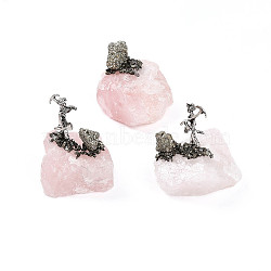 Natural Rose Quartz Cluster Base Sculpture, with Antique Silver Alloy Miner, for Home Office Desktop Decorations, 35~60x35~60x38~60mm(G-N347-03D)