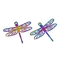 Ion Plating(IP) 201 Stainless Steel Filigree Pendants, Etched Metal Embellishments, Dragonfly, Rainbow Color, 29x34.5x0.2mm, Hole: 1.8mm(STAS-S118-016)