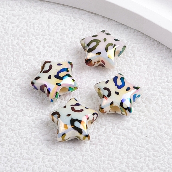 Plating Opaque Rainbow Iridescent Acrylic Beads, Star with Leopard Skin, WhiteSmoke, 15.5x15.5x7.5mm, Hole: 3.4mm