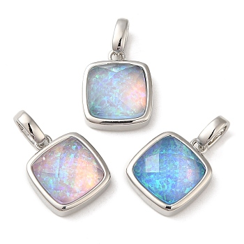 Rack Plating Brass with Synthetic Opal Pendants, Square, Mixed Color, 14x11x5.5mm, Hole: 5mm