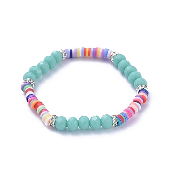 Kids Stretch Bracelets, with Polymer Clay Heishi Beads, Faceted Glass Beads and Brass Rhinestone Beads, Medium Turquoise, Inner Diameter: 1-7/8 inch(4.7cm)