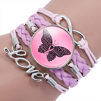 Imitation Leather Multi-strand Bracelets for Women, October Breast Cancer Pink Awareness Ribbon Alloy Glass Bracelet, Plum, 6-1/4 inch(16cm)