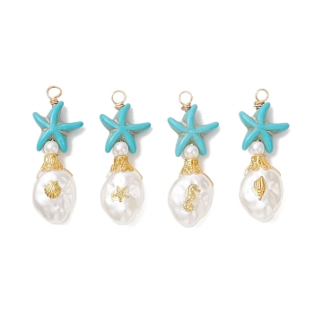 Dyed Synthetic Turquoise & ABS Plastic Imitation Pearl Pendants, Starfish with Oval Charms, with Brass Findings, Mixed Shapes, Golden, 37x14x7mm, Hole: 3mm