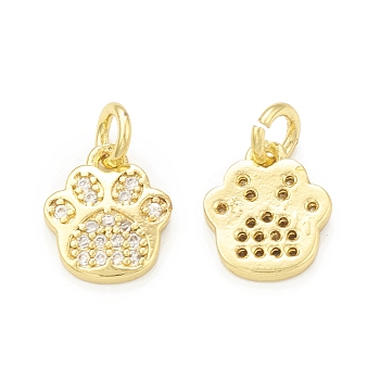 Rack Plating Brass Micro Pave Clear Cubic Zirconia Charms, with Jump Ring, Cadmium Free & Lead Free, Long-Lasting Plated, Dog Paw Print Charm, Real 18K Gold Plated, 11x9.5x2mm, Hole: 3mm