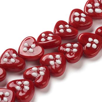 Handmade Lampwork Beads, Heart, Red, 14~16x16~18x8~9mm, Hole: 2mm, about 25pcs/strand, 14.17 inch(36cm)