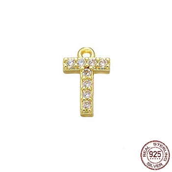 Real 18K Gold Plated 925 Sterling Silver Micro Pave Clear Cubic Zirconia Charms, Initial Letter, Letter T, 9x6x1.5mm, Hole: 0.9mm