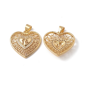 Rack Plating Brass Pendants, with Cubic Zirconia, Hollow Heart with Word fe Charm, Cadmium Free & Lead Free, Long-Lasting Plated, Real 18K Gold Plated, 19.5x20x4.5mm, Hole: 5x3.5mm