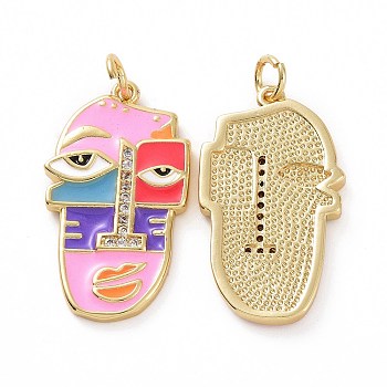 Brass Micro Pave Clear Cubic Zirconia Pendants, Real 18K Gold Plated, with Enamel and Jump Ring, Abstract Face Charms, Pink, 26x15x2mm, Jump Ring: 5x0.8mm, Inner Diameter: 3.2mm