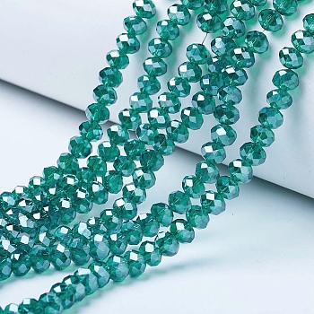 Electroplate Glass Beads Strands, Pearl Luster Plated, Faceted, Rondelle, Dark Cyan, 6x5mm, Hole: 1mm, about 83~85pcs/strand, 38~39cm