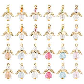 30Pcs 2 Style Transparent Acrylic Pendants, with Alloy Wing Beads & ABS Plastic Imitation Pearl Round Beads, Angel, Golden, 25~28mm, 15pcs/style