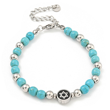 Star of David 304 Stainless Steel & Synthetic Turquoise Round Beaded Bracelets for Women, Stainless Steel Color, 7-1/8 inch(18.2cm)