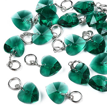 Faceted Transparent Glass Charms, with Iron Jump Ring, Heart, Green, 13~14x10x5~6mm, Hole: 4mm