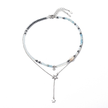 2Pcs 2 Style 304 Stainless Steel Shell & Star Charms Lariat Necklaces Set with Natural Pearl, Opalite & Natural Aquamarine & Synthetic Hematite Beaded Necklaces for Women, Stainless Steel Color, 15.59~19.06  inch(39.6~48.4cm), 1Pc/style