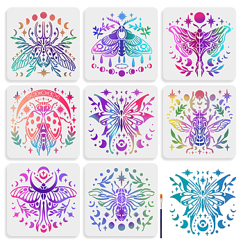 US 8Pcs 8 Styles PET Hollow Out Drawing Painting Stencils, for DIY Scrapbook, Photo Album, with 1Pc Art Paint Brushes, Insects, 300x300mm, 1pc/style