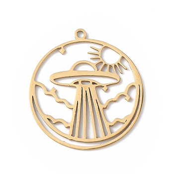 304 Stainless Steel Pendants, Hollow, Flat Round with UFO Charm, Golden, 27x24.5x0.9mm, Hole: 1.4mm