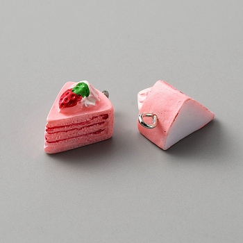 Opaque Resin Pendants, Strawberry Cake Charm, Imitation Food, with Platinum Tone Alloy Loops, Pink, 20x12x12.5mm, Hole: 2mm
